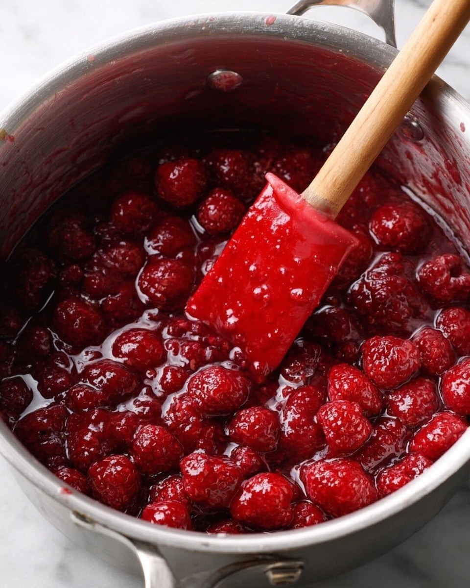A close-up of a shiny silver pot filled with a thick mixture of whole and soft red raspberries in a glossy, syrupy sauce. A wooden spatula with a bright red silicone head is partially submerged on the right side, coated with the berry mixture. The pot sits on a white marbled surface. photo taken with an iphone --ar 4:5 --v 7