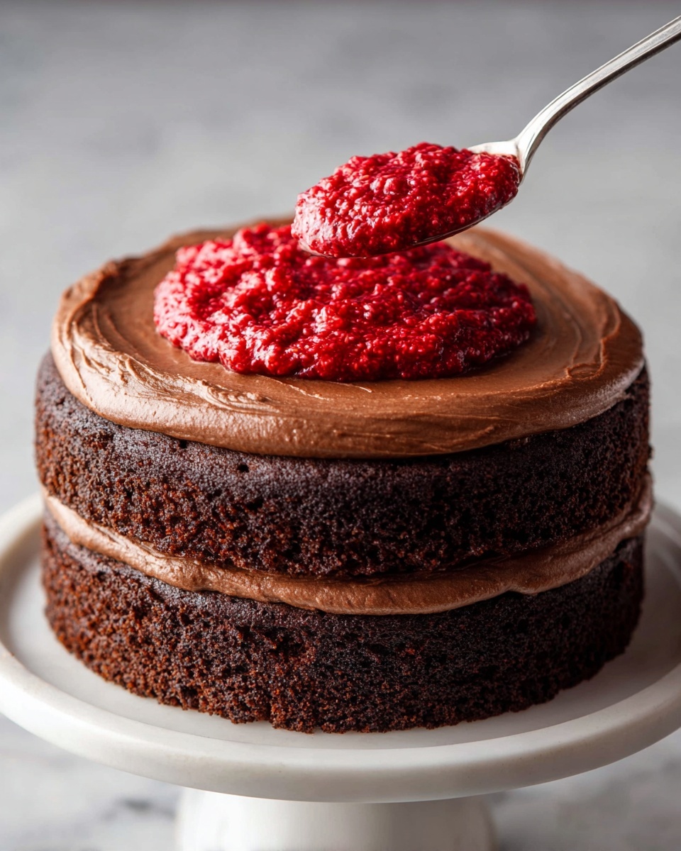 A two-layer chocolate cake stands on a white cake stand over a white marbled surface, each layer thick and dark brown with a slightly rough texture. Between the two layers, there is a smooth, medium-brown chocolate frosting spread evenly. On top of the upper layer, a thick, even spread of the same chocolate frosting creates a flat base for a generous dollop of bright red, textured raspberry puree being placed by a metal spoon from the right side of the image. The contrast of the dark cake, the chocolate frosting, and the vivid red fruit topping is clear and vibrant. Photo taken with an iphone --ar 4:5 --v 7