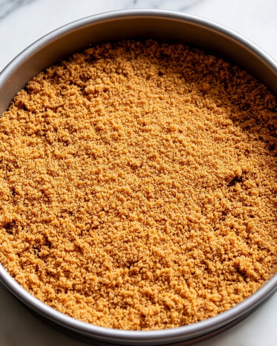 A close-up image of a single-layer crumbly crust in a round metal baking pan, the crust is made of fine, golden brown crumbs tightly packed and evenly spread across the bottom and up the sides of the pan. The texture looks grainy and slightly rough, showing small clusters of crumbs with a warm, toasted color. The pan sits on a white marbled surface, and the lighting highlights the crumb texture clearly. photo taken with an iphone --ar 4:5 --v 7