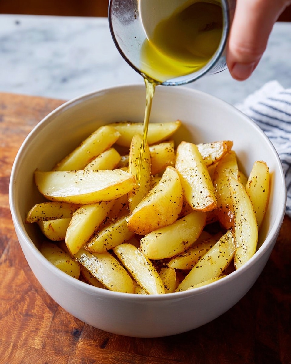 A white bowl filled with light yellow potato wedges seasoned with black pepper, the wedges have a soft texture with some golden-brown edges. A woman's hand is pouring a stream of golden oil over the potatoes. The bowl is placed on a wooden surface with a striped cloth partially visible in the background, which has been changed to a white marbled texture. photo taken with an iphone --ar 4:5 --v 7