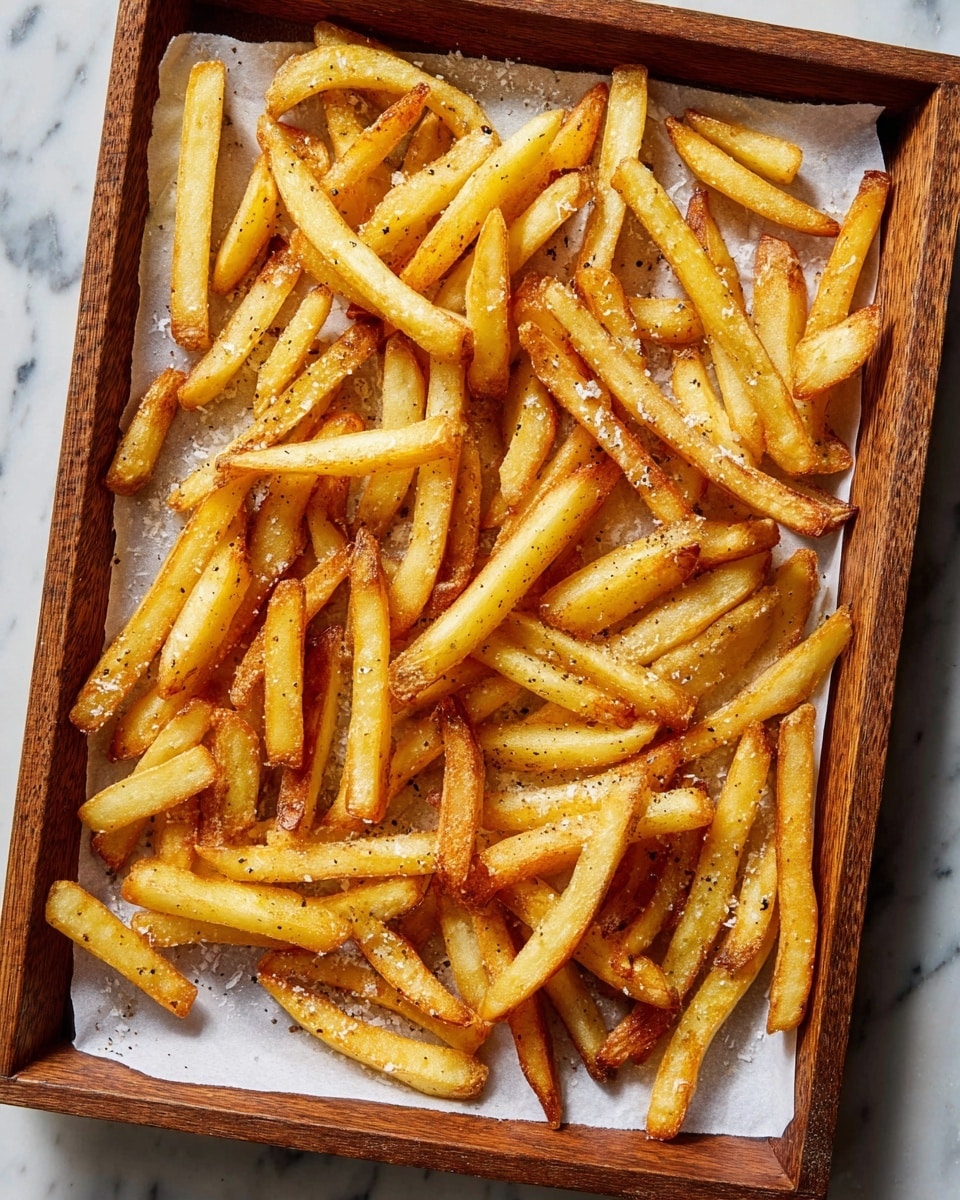 A wooden tray holds a single layer of golden-brown fries, some more crisp and darker on the edges while others are lighter yellow with a soft texture. The fries are scattered unevenly on white parchment paper that lines the tray, and the tray sits on a white marbled surface. Some fries have small black pepper specks and salt grains sprinkled on them, giving a freshly cooked look. photo taken with an iphone --ar 4:5 --v 7