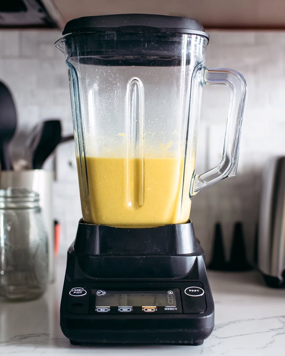 A clear blender container filled halfway with a thick yellow mixture sitting on a black blender base with buttons and a digital display, the blender has a transparent lid and handle, and the background features a white marbled texture with some kitchen elements blurred in the distance, photo taken with an iphone --ar 4:5 --v 7
