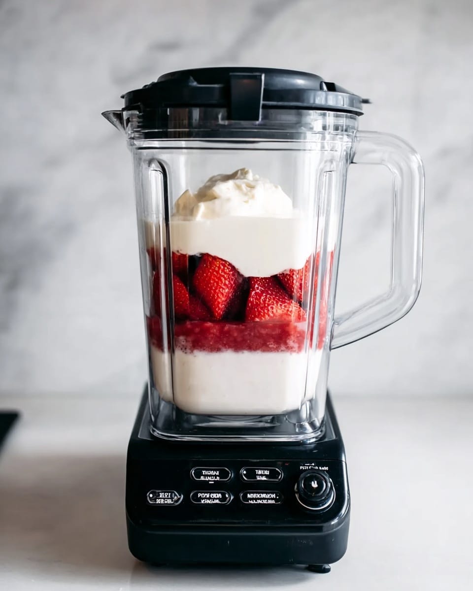 A clear blender jar is shown on a black blender base with buttons and a dial. Inside the jar, there are three layers: at the bottom is a smooth white layer of milk, above it is a layer of red strawberries with some seeds visible, and on top is a thick white layer of yogurt or cream. The scene is set against a white marbled background with the blender lid resting on the side. photo taken with an iphone --ar 4:5 --v 7