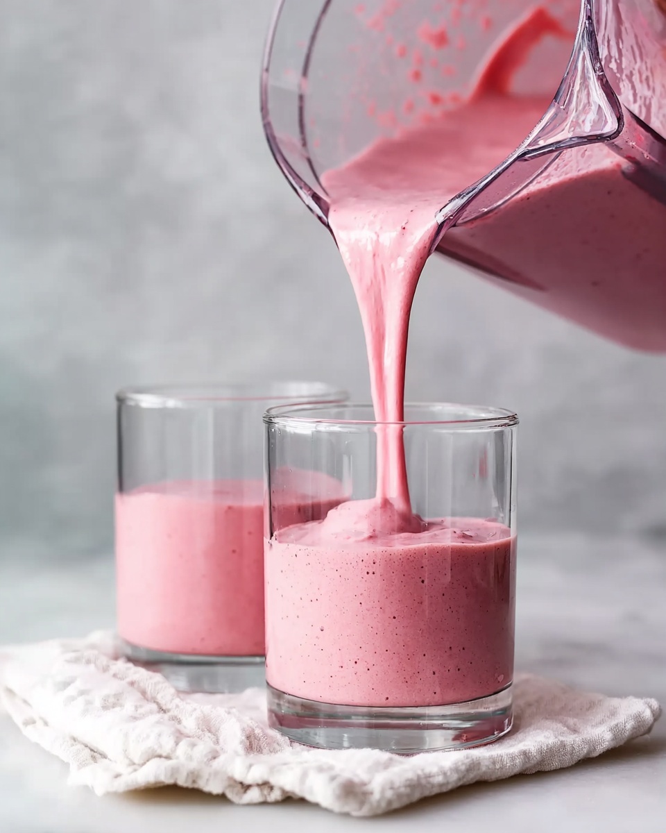 A clear blender pitcher pours a thick pink smoothie into a clear short glass, filling it about halfway. The smoothie texture looks smooth and creamy with small specks visible. Next to the pouring glass, there is a second clear short glass already filled with the same pink smoothie. Both glasses sit on a soft white cloth on a white marbled surface. The background is a light gray with soft patterns. Photo taken with an iphone --ar 4:5 --v 7
