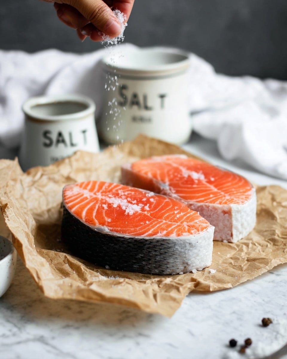 The image shows a white plate with two glazed, grilled salmon steaks near the left side, each salmon piece having a rich orange color with charred, slightly dark edges and sprinkled with green sliced scallions and red pepper flakes. The bottom salmon steak has a fork picking a small piece off, revealing its flaky, light pink inner texture. To the right side of the plate, there are roasted Brussels sprouts and colorful strips of red and orange bell peppers, all shiny with a slight char and coated in light oil. A small wooden bowl with dark dipping sauce is partly visible next to the salmon. The plate sits on a white marbled surface. Photo taken with an iphone --ar 4:5 --v 7