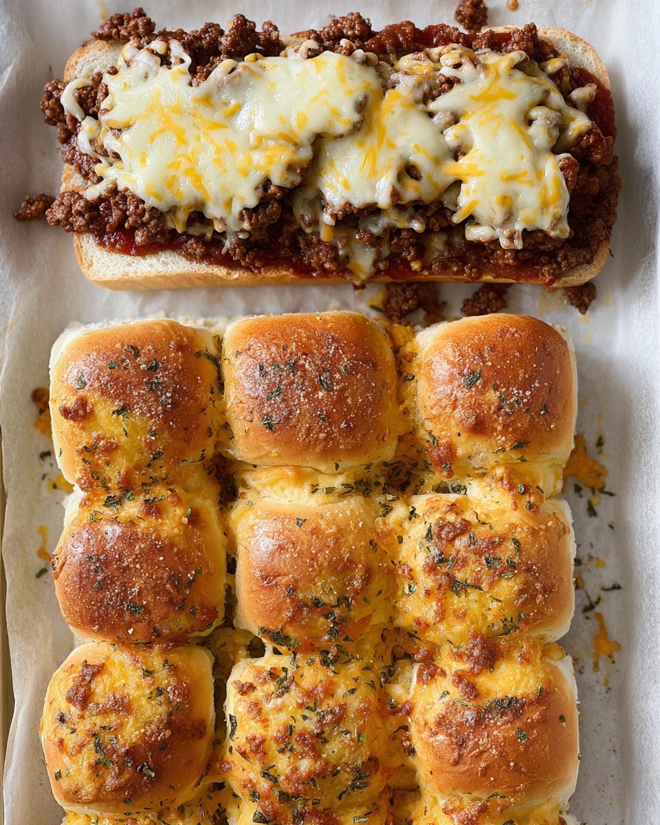 The image shows an open sandwich and twelve small baked rolls arranged side by side on white parchment paper over a white marbled surface. The open sandwich has one thick layer of soft bread at the bottom, topped by a spread of rich red sauce, then a generous layer of browned ground beef scattered unevenly, and finally a thick melted layer of yellow and white cheese covering the meat and some edges. Below it, the twelve golden-brown rolls have a shiny surface brushed with herbs and bits of melted cheese sprinkled on top. The rolls are neatly aligned in a 4 by 3 grid. photo taken with an iphone --ar 4:5 --v 7