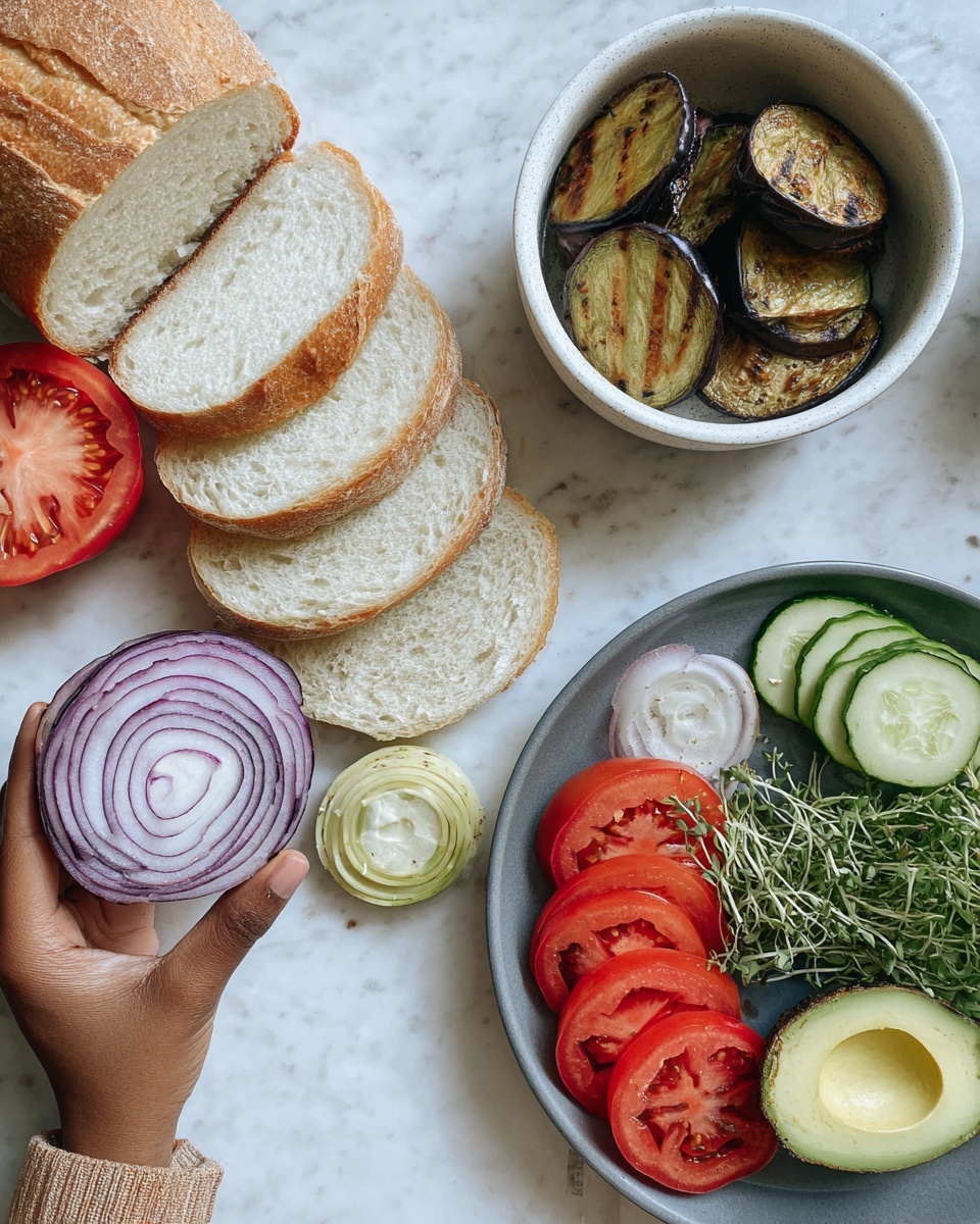 The image shows a variety of fresh ingredients laid out on a white marbled surface. On the left, a white loaf of bread is partially sliced, with four round, soft, light beige slices fanned out. Near the bread is a half slice of bright red tomato and to its right, a woman's hand holds a thick round slice of purple-red onion with visible concentric rings. At the top right, a white bowl contains several browned, slightly crispy round slices of eggplant. Below this bowl is a stack of thin onion slices with a center hole, lying flat on the surface. On the bottom right, a round grey plate holds layers of sliced red tomatoes on the right side, a loose pile of green microgreens in the middle, a halved avocado with one half showing a smooth light green interior and a brown seed, and long, light green cucumber slices edged with dark green skin on the right edge. Photo taken with an iphone --ar 4:5 --v 7