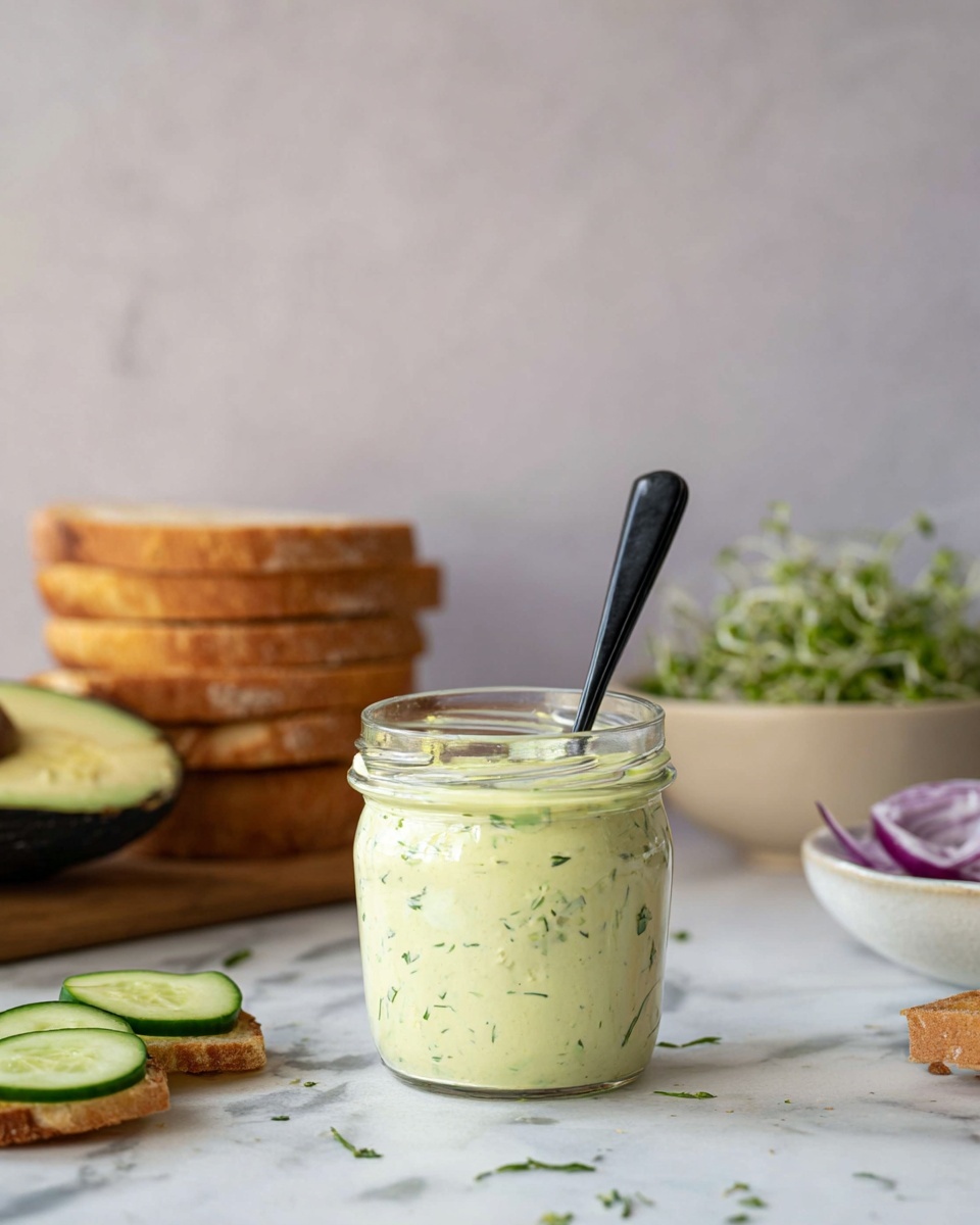 A small clear glass jar is filled with a creamy green sauce mixed with small green herb bits, with a black spoon standing upright in it. To the left, half an avocado with the seed and sliced cucumber sticks rest on a white marbled surface. Behind, a wooden board holds several stacked slices of toasted bread. To the right, a beige bowl contains fresh green sprouts. Further back, a white bowl with purple onion slices is slightly out of focus. The background is a soft, plain light gray wall. photo taken with an iphone --ar 4:5 --v 7