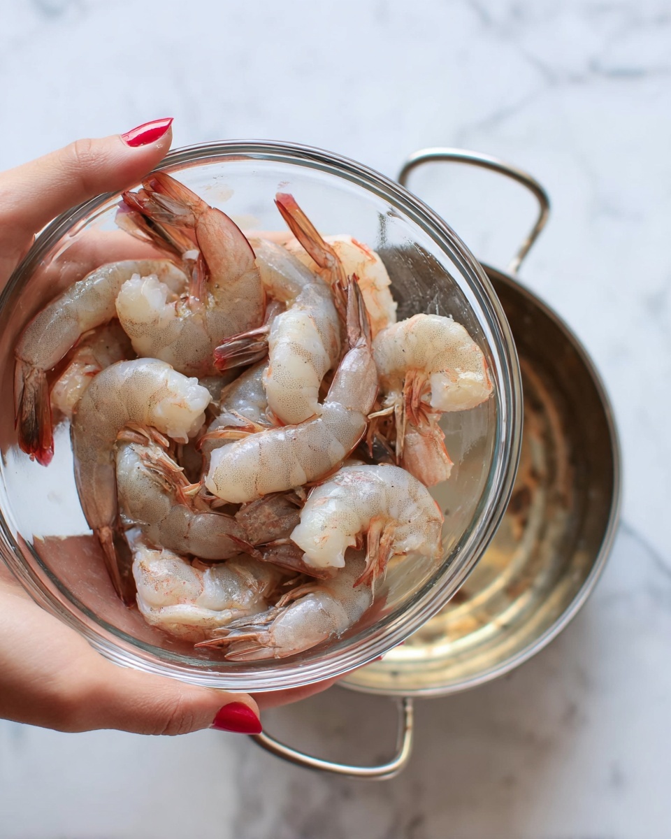 A clear glass bowl filled with raw shrimp with shells on, showing light grey and pink colors with slightly transparent texture, resting in a woman's hands with red-painted nails. The shrimp are arranged loosely inside the bowl, with some overlapping, and the bowl is held above a round metallic object with a handle, all set on a white marbled surface. Steam is rising from the bowl, giving a fresh, just-washed look photo taken with an iphone --ar 4:5 --v 7