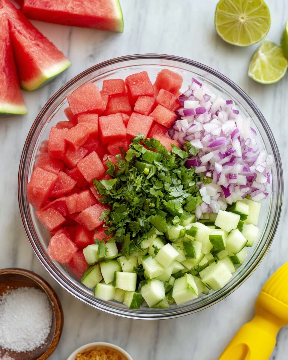A clear glass bowl filled with five visible layers of diced vegetables and fruits, arranged in sections: bright red watermelon cubes cover the lower half, light green cucumber cubes on the right side, finely chopped purple and white red onions on the upper right, small chopped dark green jalapeño peppers on the upper left, and a heap of fresh, chopped cilantro with a rich green color in the center. The bowl is placed on a white marbled surface with three triangular watermelon slices in the background on the upper left, a small bowl of coarse salt at the lower left, and a yellow lemon squeezer and a lime wedge near the top of the image. photo taken with an iphone --ar 4:5 --v 7
