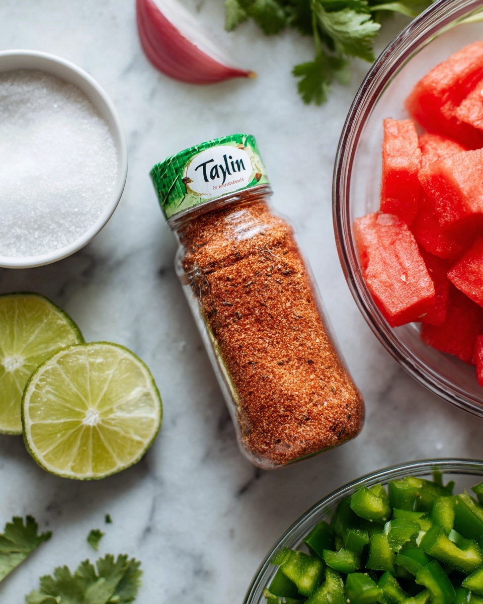 A clear spice bottle filled with reddish-orange powder lies on a white marbled surface, surrounded by fresh ingredients. To the left, there is a small white bowl filled with coarse white salt and two lime wedges with light green skin and pale green inside. Above the lime wedges, part of a red onion peel is visible. To the right of the spice bottle, there is a clear glass bowl filled with chopped green bell peppers and bright red watermelon cubes. Fresh green cilantro leaves lie scattered further to the right. The photo has natural lighting and a clean, fresh feel, photo taken with an iphone --ar 4:5 --v 7