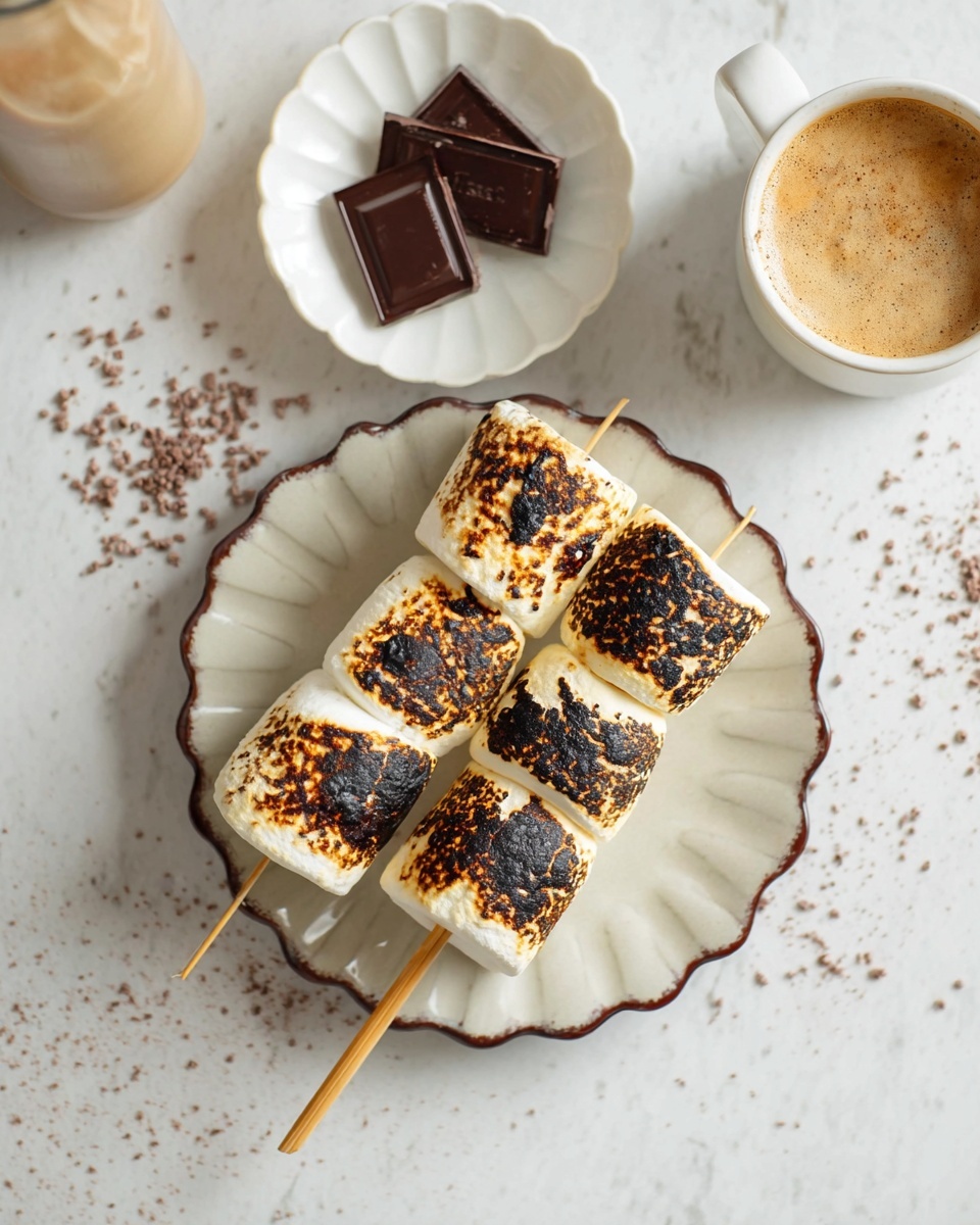Two skewers each with three toasted marshmallows that are white with large dark brown charred spots, placed on a scalloped off-white plate with a dark rim, which sits on a white marbled surface lightly dusted with cocoa powder. Nearby, there is a small white bowl holding two squares of dark chocolate, and a white cup filled with coffee topped with foam is partially visible at the top right. A translucent bottle with a beige liquid is partially visible at the top left. Photo taken with an iphone --ar 4:5 --v 7