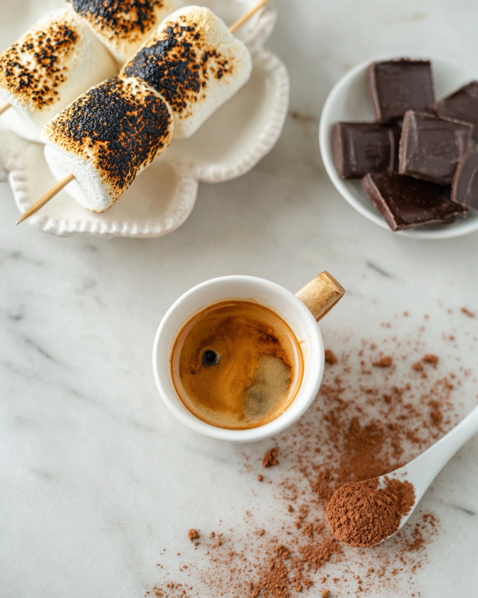 The image shows a small white cup with light brown espresso topped with a thin layer of crema, the cup has a light wooden handle and rests on a white marbled surface dusted with cocoa powder. Above the espresso, there is a white scalloped dish holding two skewers each with three large toasted marshmallows, their surfaces marked with dark brown char spots and a soft, puffy texture. To the right, a small white bowl contains several pieces of dark chocolate squares, and next to it is a white spoon filled with loose cocoa powder spilling slightly onto the white marbled surface. photo taken with an iphone --ar 4:5 --v 7