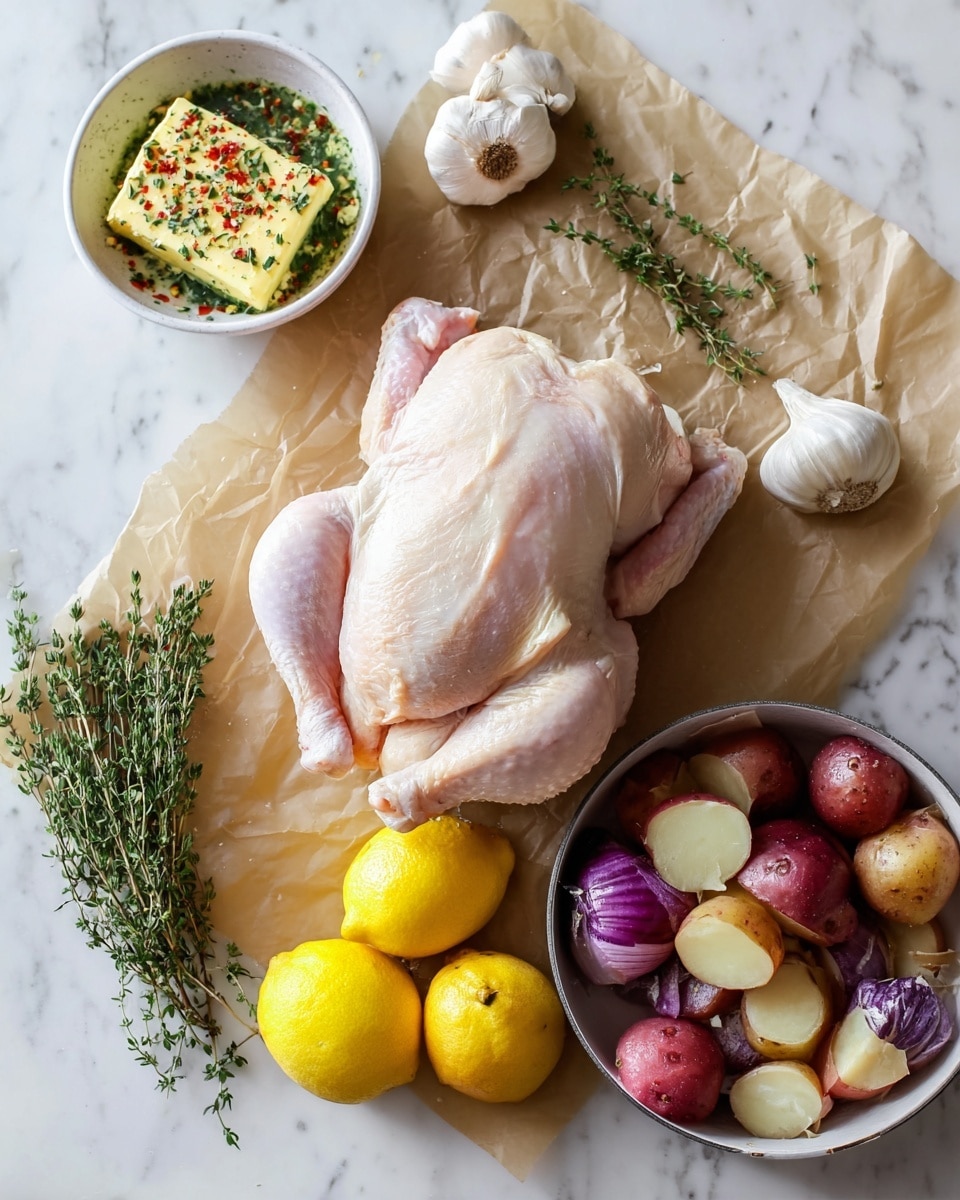 The image shows a whole raw chicken placed on light brown parchment paper. To the top left, there is a small white bowl filled with a yellow butter cube topped with red pepper flakes, green herbs, and lemon zest. To the right, there is a white pan holding halved small potatoes in red, purple, and yellow colors mixed with white onion slices. Surrounding these are halved yellow lemons, a cut garlic bulb, and a bundle of fresh green thyme sprigs all arranged on a white marbled surface. photo taken with an iphone --ar 4:5 --v 7