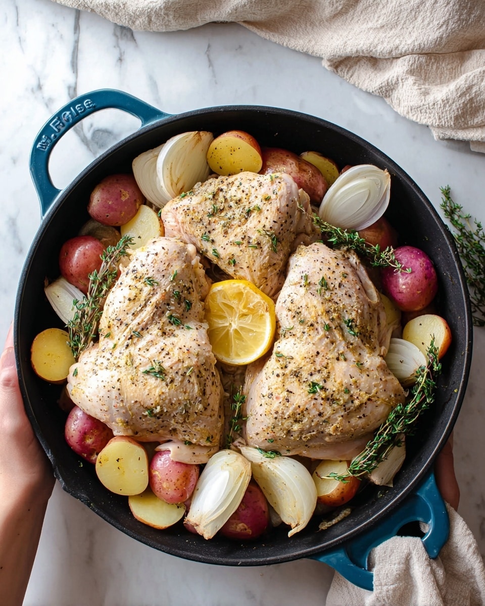 The image shows a black pan filled with two large seasoned chicken halves on top, each with a light golden color and sprinkled with black pepper and herbs. Below the chicken, there are layers of white onion wedges and halved small potatoes in red and yellow colors. A lemon half is placed near the top left side inside the pan, adding a bright yellow contrast. Fresh green thyme sprigs are scattered around the edges of the pan. A woman's hand grips the blue handle of the pan on the right side, and the background is a white marbled surface with a beige cloth slightly visible at the top. Photo taken with an iphone --ar 4:5 --v 7