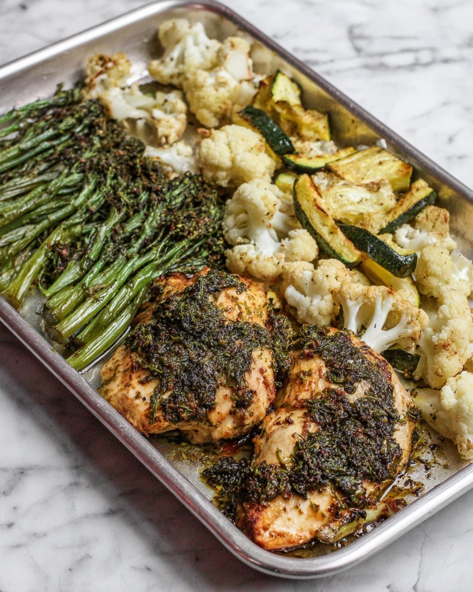 A close-up view of a metal baking tray with four main layers: at the bottom right, two raw chicken pieces seasoned with black pepper, light pink with a smooth texture; next to them, bright green broccolini with textured stems and florets; behind the broccolini, white cauliflower florets with a bumpy surface; and in the back, sliced zucchini with light green flesh and darker green skin. A clear measuring cup is tilted above the tray, pouring a golden-green herb oil drizzle over the chicken. The tray sits on a white marbled surface. Photo taken with an iphone --ar 4:5 --v 7