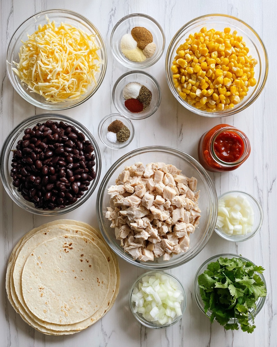 The image shows several clear glass bowls arranged on a white marbled surface, each filled with different ingredients. In the center is a bowl with chopped light beige cooked chicken pieces. Above it to the left is a bowl full of dark black beans, and to the right is a bowl of bright yellow corn kernels. On the left side near the top is a bowl of shredded pale yellow cheese, and below it is a small bowl with four types of spices in separate segments: black pepper, chili powder, salt, and cumin. To the right of the chicken bowl is a small glass jar filled with bright red sauce. Below the sauce jar is a bowl of white chopped onions. In the bottom left corner are stacked white corn tortillas. In front of the tortillas is a very small bowl of minced garlic, and to the right of that is another bowl with fresh green cilantro leaves. The overall arrangement is neat and well-spaced, with natural lighting highlighting the textures and colors. photo taken with an iphone --ar 4:5 --v 7