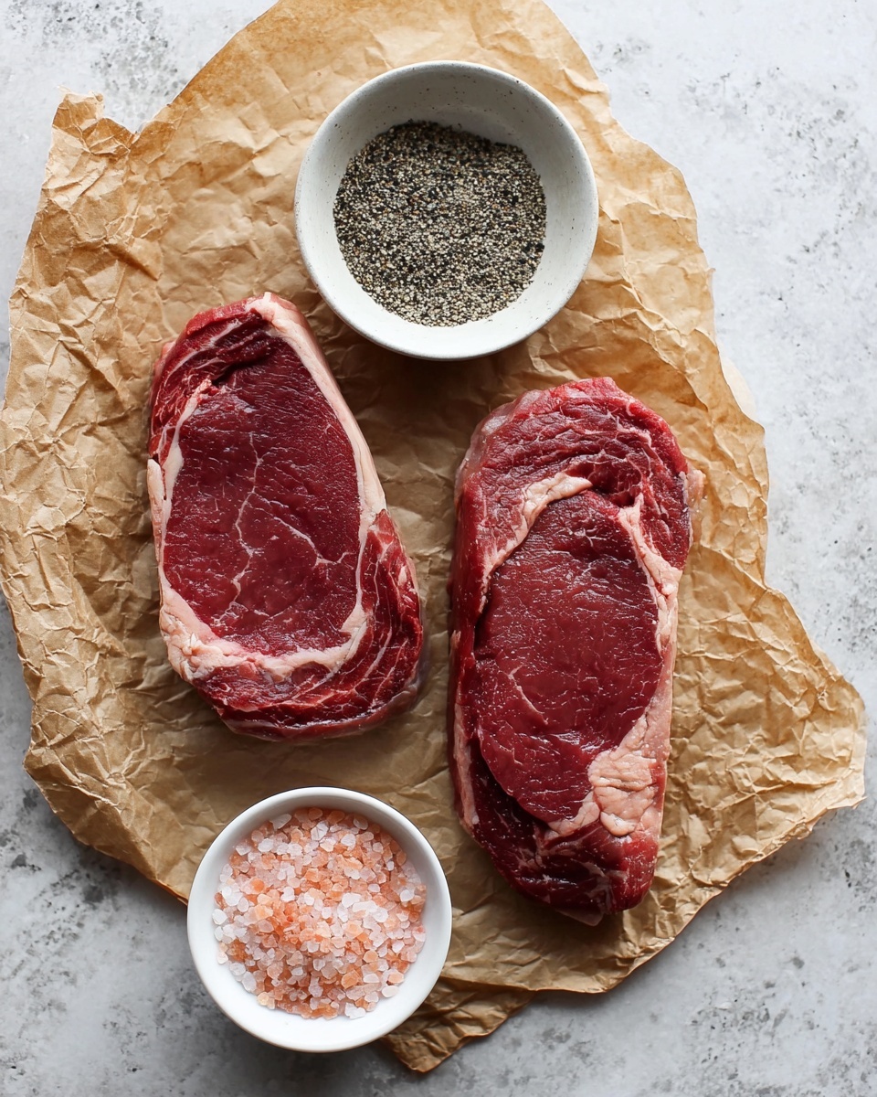 Two raw steaks with a deep red color and white marbling lay side by side on crumpled brown paper. Below the steaks, there are two small white bowls; one bowl is filled with coarse black pepper, and the other contains pink Himalayan salt. All items rest on a white marbled surface, adding a clean and simple background to the raw ingredients. Photo taken with an iphone --ar 4:5 --v 7