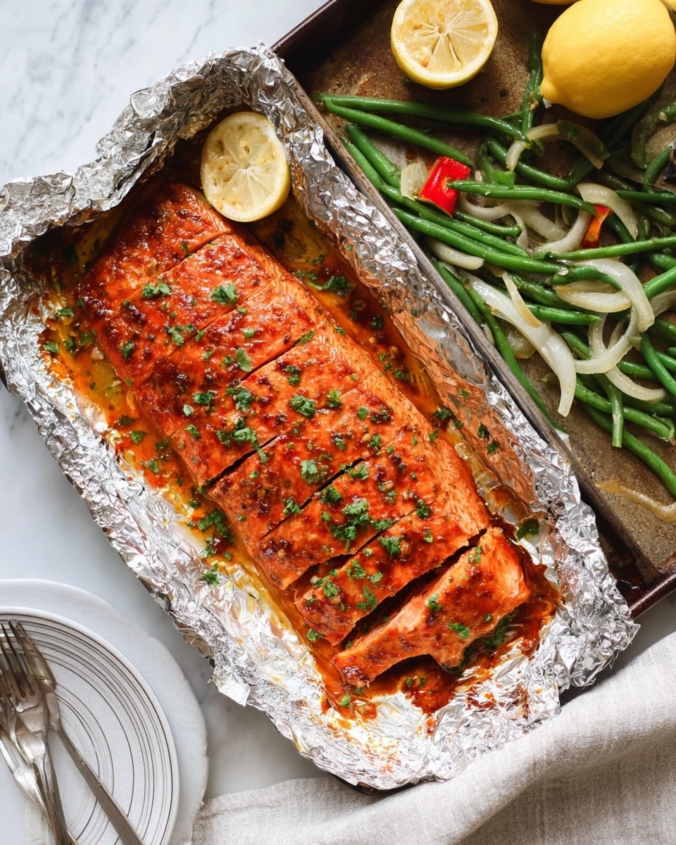 A white plate with a slightly raised edge holds a piece of cooked salmon fillet on the left side, topped with a light orange glaze and sprinkled with chopped green herbs. To the right of the salmon is a mix of roasted vegetables including green beans, red and yellow bell peppers, and caramelized onion strips, all showing slight charring. A thin slice of lemon is placed on top of the vegetables near the salmon. A silver fork rests on the plate near the salmon piece. The plate sits on a white marbled surface with a halved lemon and whole lemons in a net bag nearby. Photo taken with an iphone --ar 4:5 --v 7