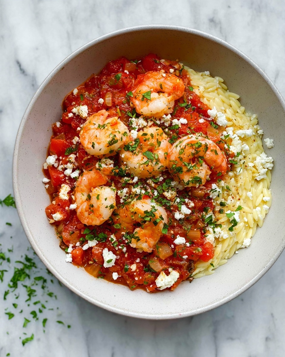 A bowl with a white marbled texture holds a dish with two main layers: on one side, a bed of cooked orzo pasta in a pale yellow color, and on the other side, plump shrimp covered in a rich red tomato-based sauce that contains small red pepper pieces. The shrimp are light pink with a slightly shiny texture. Crumbled white cheese is scattered over the shrimp and sauce, adding small bright white spots. Fresh green herbs are finely chopped and sprinkled evenly over the entire dish, adding a fresh touch of green. photo taken with an iphone --ar 4:5 --v 7
