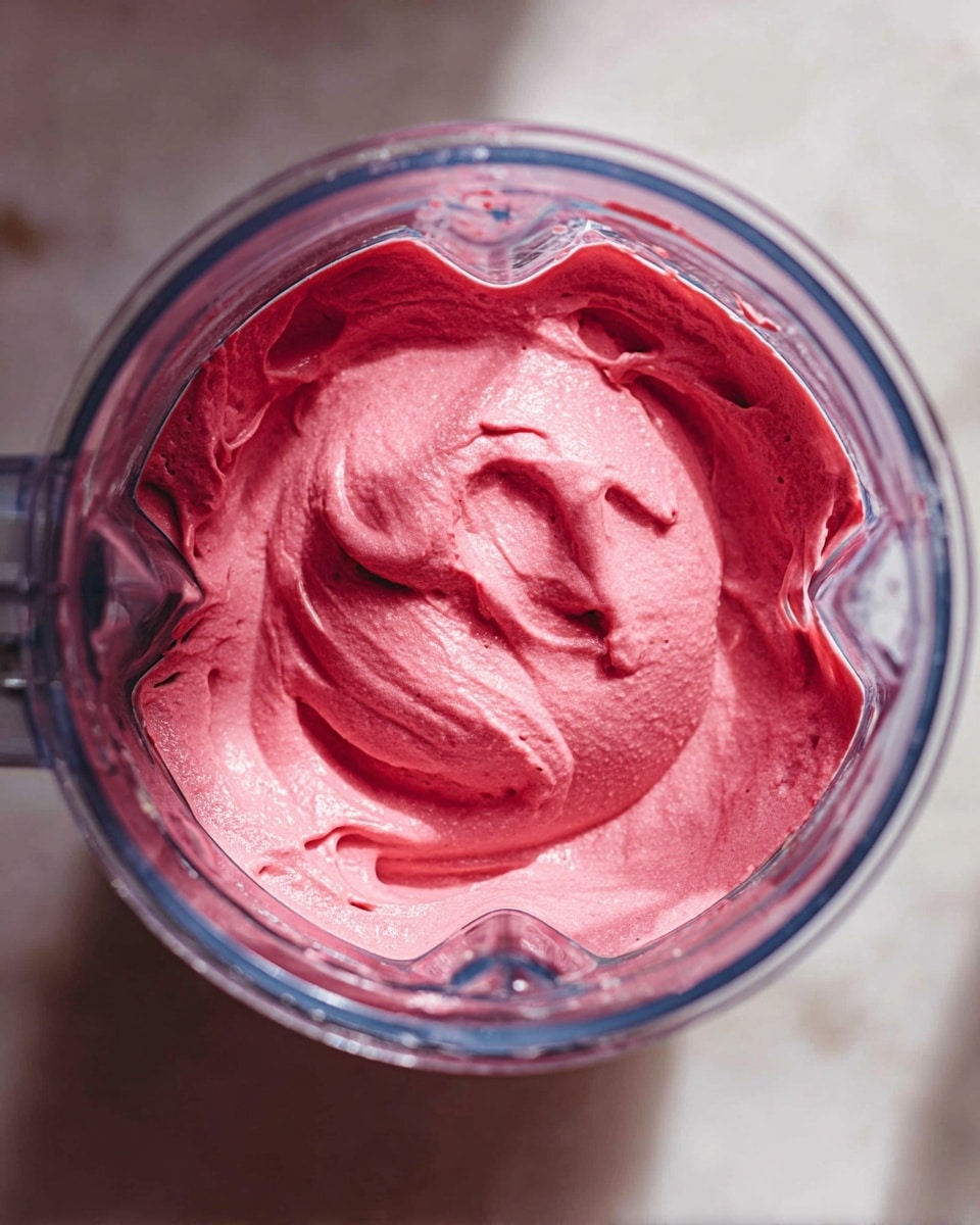 A white rectangular loaf pan lined with parchment paper holds a thick, creamy cherry mixture that is deep pinkish-red in color, spread evenly over the pan. Scattered on top are dark red cherry halves with visible pits and shiny textures, slightly pressed into the creamy layer. The pan sits on a white marbled surface with a soft blue cloth partially visible on the right and a small white bowl with more cherry halves on the left. The overall look is fresh and rich, with smooth and chunky textures mixing naturally photo taken with an iphone --ar 4:5 --v 7