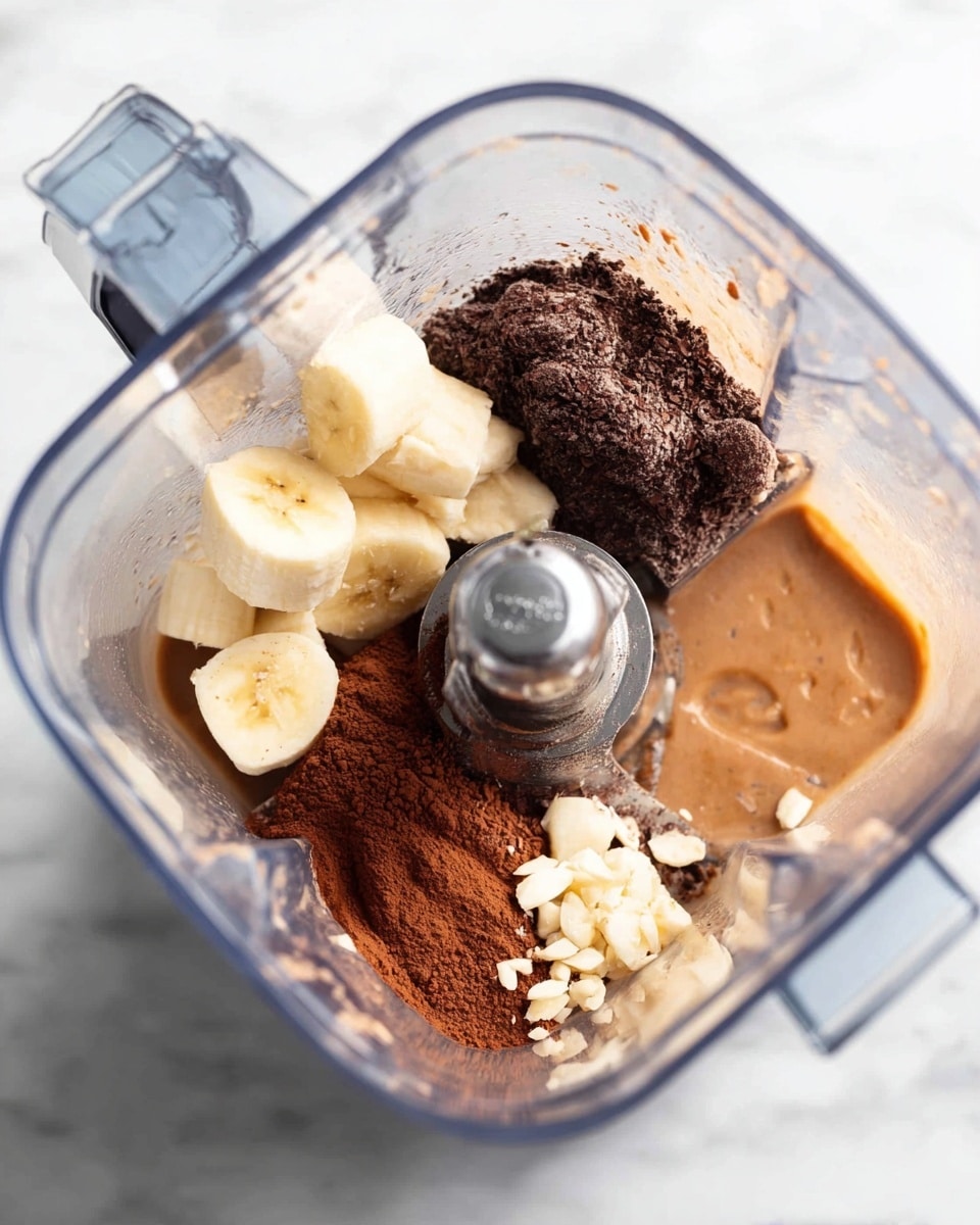 Inside a clear blender container on a white marbled surface, there are several ingredients ready to be blended. The bottom layer is a light brown liquid with a smooth surface. Resting on this layer are frozen banana chunks in pale creamy yellow, clustered mostly to one side. Next to the bananas is a dark brown pile of cocoa powder with a soft, powdery texture. There are also a few small white pieces of chopped nuts floating on the blade near the center. The blender blade is shiny metallic and positioned in the middle, with the ingredients surrounding it. photo taken with an iphone --ar 4:5 --v 7