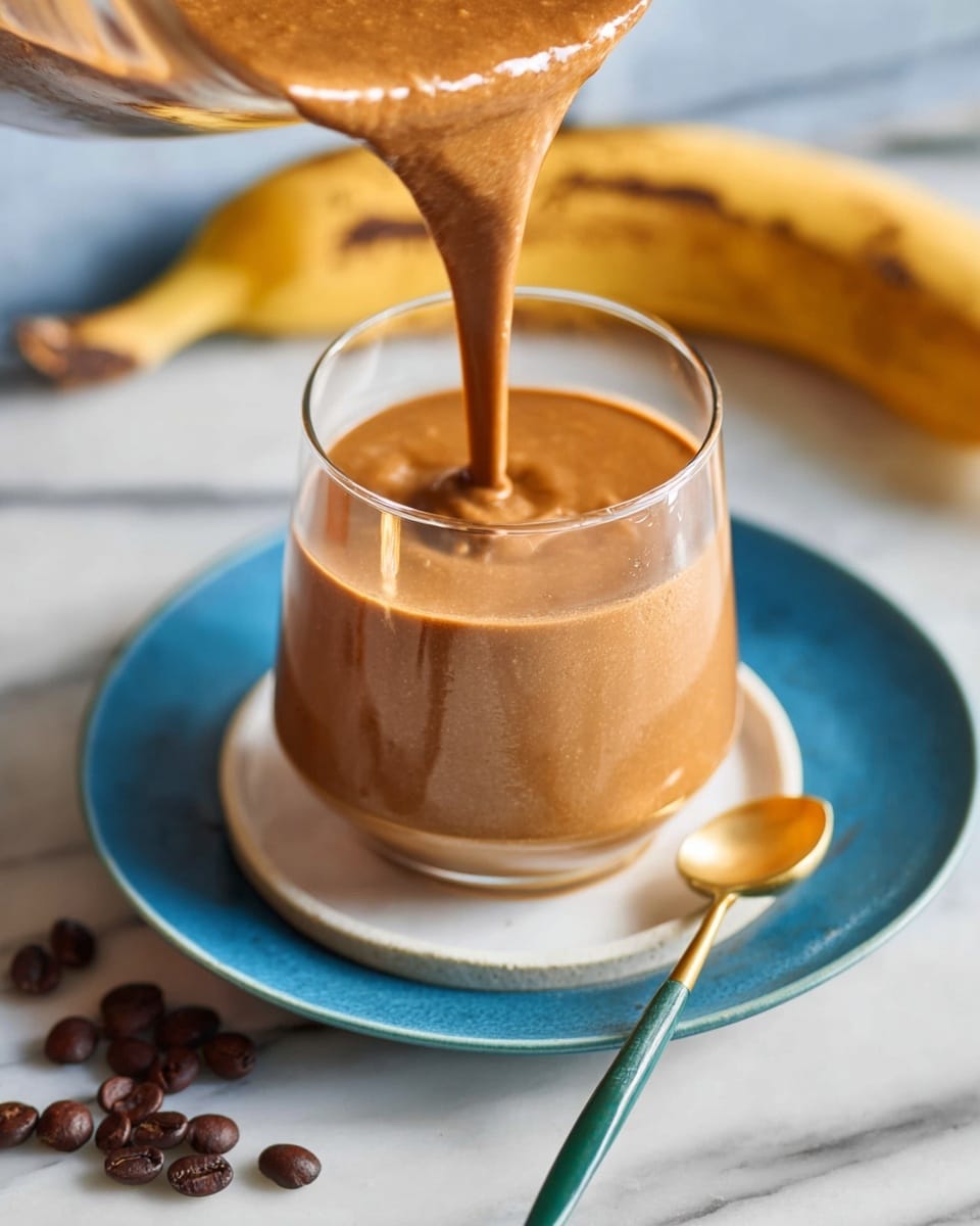 A glass filled with a thick light brown smoothie is centered on a white plate, which sits on a larger blue plate, all placed on a white marbled surface. The smoothie is being poured from a clear container into the glass, with the liquid forming a smooth, thick stream. Beside the glass on the white plate, there is a small golden spoon with a green handle. Near the plates, there are a few dark brown coffee beans scattered, and a ripe yellow banana with brown spots rests nearby. Photo taken with an iphone --ar 4:5 --v 7
