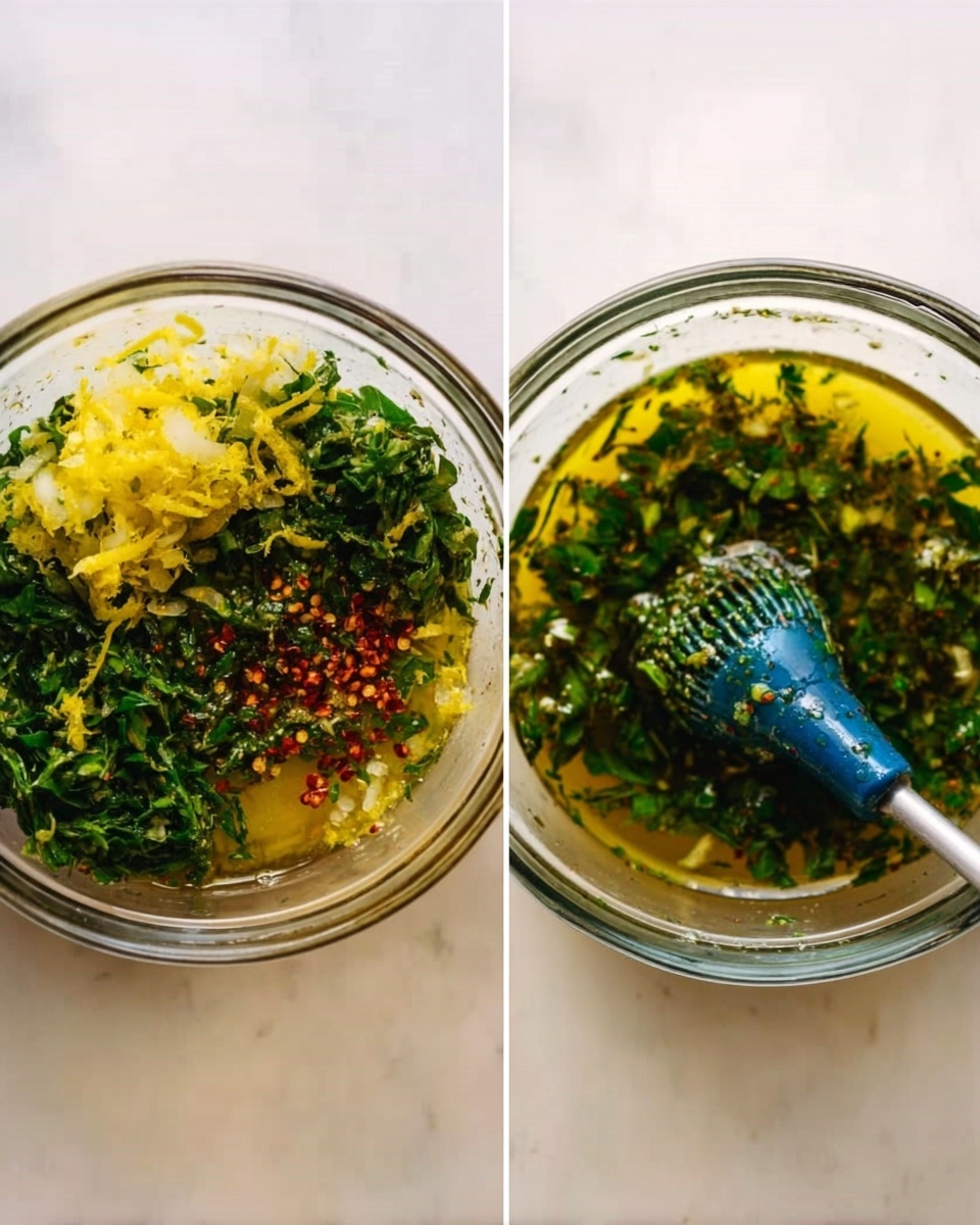 The image shows two clear glass bowls placed on a white marbled surface. Each bowl contains a mix of chopped green herbs, bright yellow lemon zest, a splash of olive oil, and small red chili flakes. In the left bowl, the ingredients are layered separately with the herbs on the bottom and lemon zest and oil on top. In the right bowl, the ingredients are lightly mixed with a blue-handled masher resting inside the bowl, showing the herbs evenly spread throughout the oil mixture. Both bowls have a fresh and vibrant look, with the textures of the herbs and zest clearly visible. photo taken with an iphone --ar 4:5 --v 7