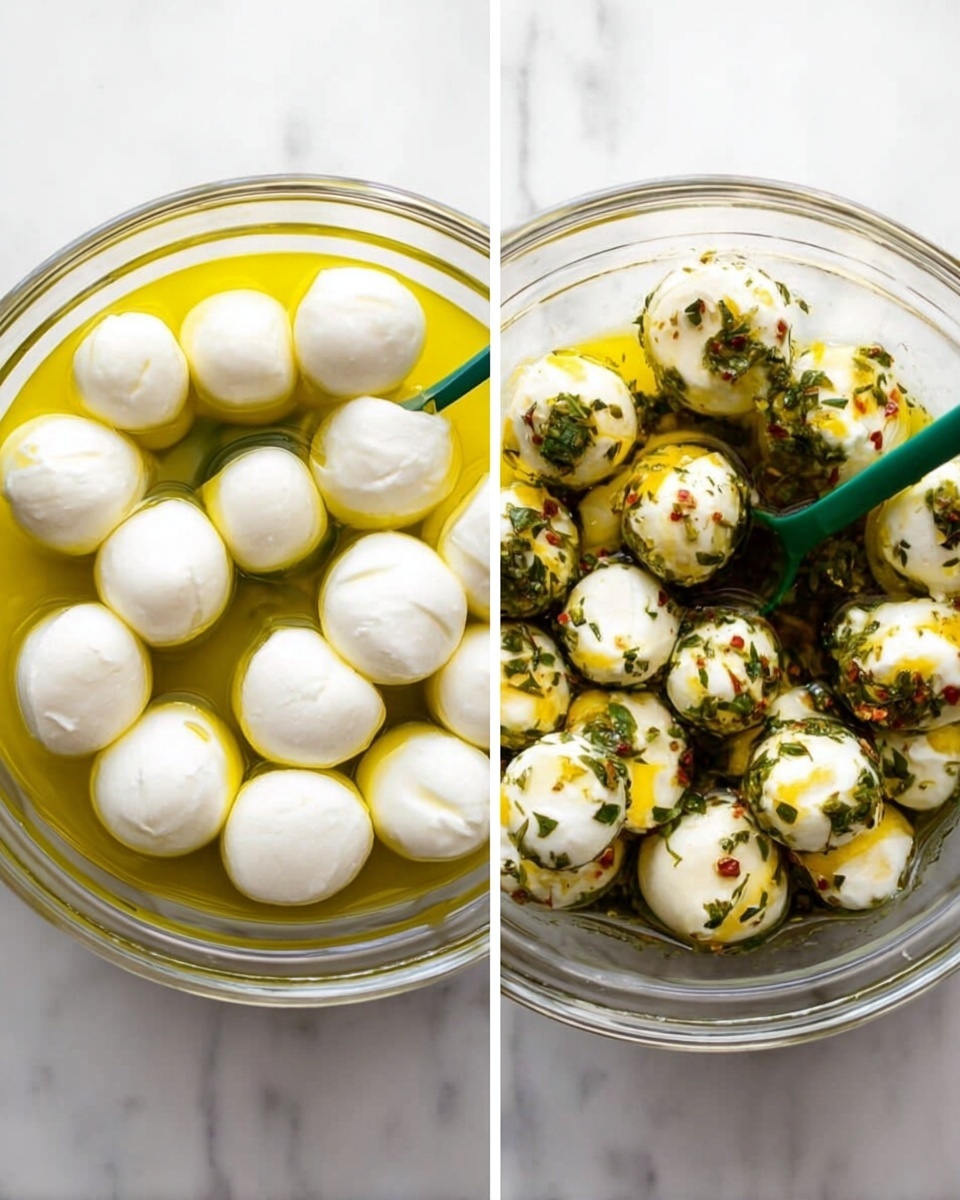 The image shows two clear glass bowls placed side by side on a white marbled surface. Both bowls contain several white smooth mozzarella balls fully covered with golden olive oil. The bowl on the left has plain white mozzarella balls floating above the oil, with a green spoon partially submerged on the right side. The bowl on the right shows white mozzarella balls evenly coated with small green herb pieces and some red chili flakes, mixed with yellow lemon slices. A green spoon remains partially submerged on the right side of this bowl as well. The colors are bright with the white mozzarella, shiny golden oil, fresh green herbs, and yellow lemon creating a fresh, inviting look photo taken with an iphone --ar 4:5 --v 7