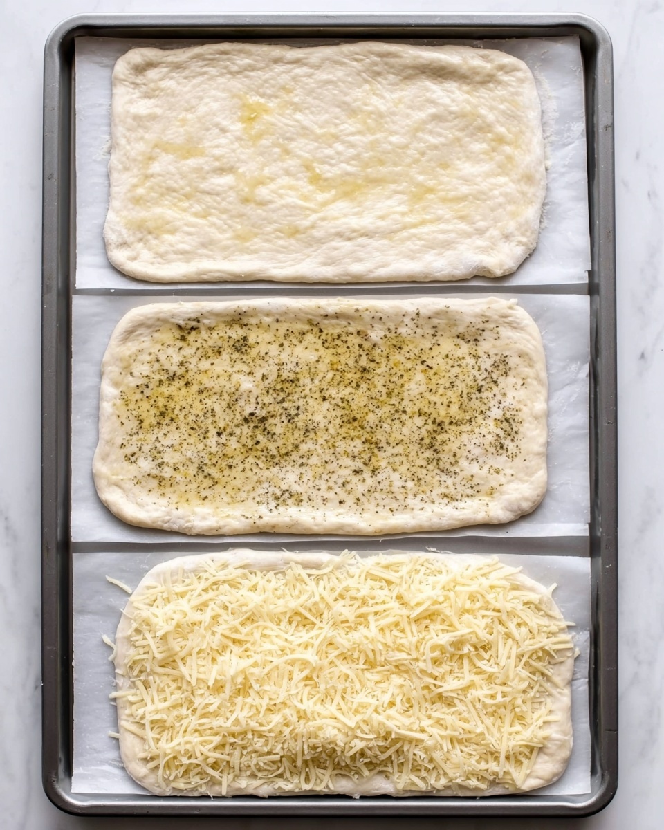 The image shows three stages of preparing a rectangular pizza dough on a white baking sheet lined with parchment paper, all placed on a white marbled surface. In the first stage, the dough is plain, stretched into a rough rectangle with a slightly rough texture and uneven edges. In the second stage, the dough is coated with a thin layer of olive oil, giving it a shiny look, then sprinkled evenly with herbs and black pepper, adding spots of green and black over the light dough. In the third stage, the dough is fully covered with a thick layer of shredded pale yellow cheese, spread evenly up to the edges but not spilling over. photo taken with an iphone --ar 4:5 --v 7
