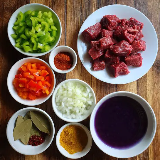 The image shows various ingredients arranged on a wooden surface. There is a white plate filled with many pieces of raw red meat, placed right side of the image. Surrounding it are six white bowls: one with bright green chopped bell peppers, one with finely chopped white onions, one with chopped red bell peppers, one with a mix of spices in red, orange, and green colors, one with minced garlic, red paste, and two brown bay leaves, and one big white bowl filled with a smooth purple liquid. All items are neatly presented with clear texture and vibrant colors. Photo taken with an iphone --ar 4:5 --v 7