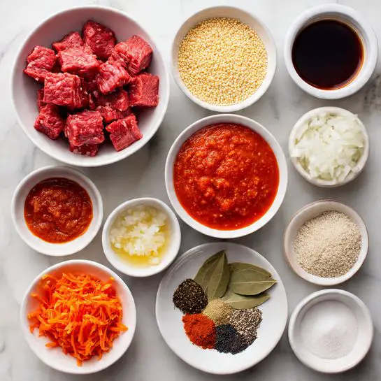 The image shows a flat layout of white bowls each holding a different cooking ingredient on a white marbled surface. In the top left, a bowl contains many thick cubes of raw red meat with visible texture. To the right, there is a bowl filled with small pale yellow grains. Beside it, a bowl holds bright red tomato sauce with a smooth surface and some texture. Below, a small bowl has minced pale yellow garlic. A thicker tomato paste with a deep red color and smooth texture fills another small bowl. Next to it is a large bowl filled with a dark brown liquid. Another bowl contains finely chopped white onions, and beside it, shredded bright orange carrots fill a bowl. A round white plate holds a mix of whole and ground spices, including bay leaves, brown and black powders, and white granules. Everything is carefully arranged to show the colors and textures clearly. Photo taken with an iphone --ar 4:5 --v 7