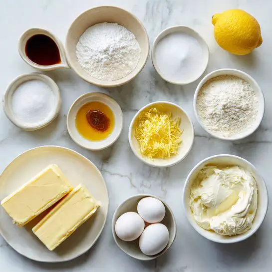 The image shows several small white bowls and plates arranged on a white marbled surface. One white plate holds two blocks of pale yellow butter. There are small white bowls with white granulated sugar, light yellow melted butter, pale brown vanilla extract, and yellow lemon zest. A smaller bowl has white ricotta cheese with a creamy texture. Three white eggs sit in another white bowl. One bowl holds white flour, and two tiny bowls contain baking powder and salt. A whole yellow lemon is placed near the ingredients. The colors are soft and natural with a mix of white, yellow, and light brown shades. photo taken with an iphone --ar 4:5 --v 7