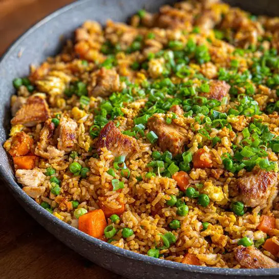 A white bowl holds a mound of fried rice shaped like a dome with a mix of light brown grains, orange carrot pieces, and green peas spread throughout. The rice looks slightly oily and is topped with a small heap of dark reddish-brown chili flakes. Sliced green onions are scattered over the rice dome and on the bowl's edge for added color. To the back right of the bowl sits a metal spoon resting on the inside edge. The bowl is placed on a white marbled surface. photo taken with an iphone --ar 4:5 --v 7