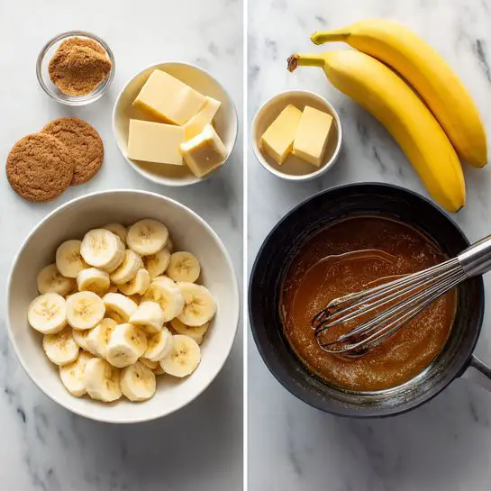 The image shows two black pans filled with caramelized bananas, placed side by side on a white marbled surface. The left pan contains sliced bananas arranged in a single layer over a thick, golden-brown caramel sauce. The right pan shows the bananas fully cooked, turned golden and glossy with caramel coating each slice evenly. Behind the pans, clusters of yellow bananas with green tips sit on the white marbled surface, adding a fresh contrast. The texture of the caramel is smooth and shiny, and the bananas have a soft, tender appearance. photo taken with an iphone --ar 4:5 --v 7