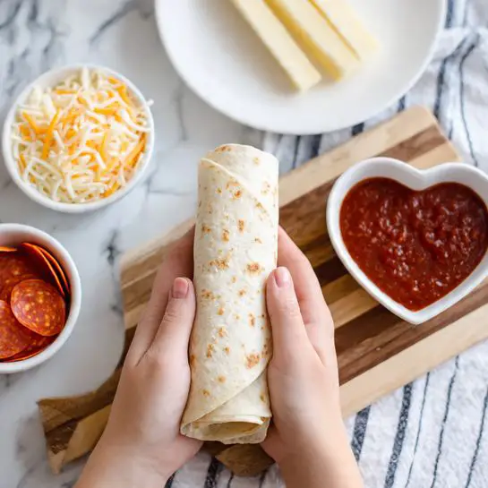 A close-up of a woman's hand pulling apart a golden-baked cheese stick revealing a thick stretch of melted white cheese with bits of orange seasoning and red pepperoni inside. The cheese stick has a crispy outer layer sprinkled with green herbs and breadcrumbs. In the background, there are three more cheese sticks placed on a white plate, sitting on a white marbled surface. A small white dish filled with red marinara sauce is blurred in the background, with a striped cloth partially visible beside it. photo taken with an iphone --ar 4:5 --v 7