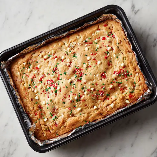A large rectangular baked dessert sits inside a foil-lined baking tray with the foil crinkled around the edges. The top layer is golden brown with a slightly rough texture, scattered with white chocolate chips and red and green sprinkles that are swirled and spread unevenly across the surface. The entire tray has a homemade, cozy appearance with small cracks and a soft, slightly bumpy look. The baking tray itself is black, placed on a white marbled surface, enhancing the warm colors of the dessert. photo taken with an iphone --ar 4:5 --v 7