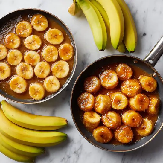 A black frying pan with a black handle holds about two layers of golden brown banana slices cooking in a thick, shiny caramel sauce that bubbles around the edges. Three whole yellow bananas with some brown spots are placed next to the pan on a white marbled surface. The bananas in the pan show a mix of light yellow and deeper caramelized brown colors with a smooth, glossy texture, filling the pan evenly. photo taken with an iphone --ar 4:5 --v 7