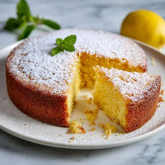 A single slice of soft yellow cake with a light and airy texture sits on a white plate. The cake has one layer and is topped with a fine layer of white powdered sugar. On top of the slice rests a plump, dark blackberry with a slightly shiny surface. Three other blackberries are placed casually on the plate, and a fresh green mint leaf lies beside the slice. The plate is set on a white marbled surface, and the background features two out-of-focus yellow fruits. Photo taken with an iphone --ar 4:5 --v 7