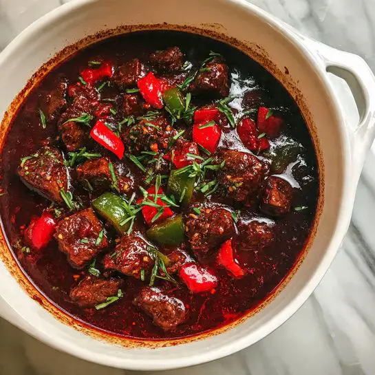 The image shows a white plate with two main parts: on one side, there is a rich brown stew with chunks of meat and pieces of red bell pepper, covered in a shiny, thick sauce with chopped green herbs sprinkled on top. Next to it, there is a serving of pale yellow curly egg noodles with a soft texture, also sprinkled with a few green herb pieces. The background is a white marbled surface, and in the back, there are two small white bowls, one filled with yellow pickles and the other with white sour cream. Photo taken with an iphone --ar 4:5 --v 7