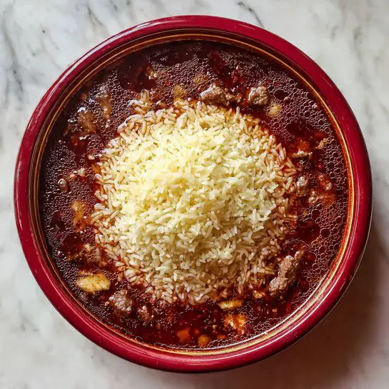 A round red pot filled with thick dark red sauce that has some light oil bubbles on the surface. Floating in the middle is a dense mound of yellow uncooked rice grains. Visible pieces of brown meat are partly submerged in the sauce near the edges. The pot sits on a white marbled surface. Photo taken with an iphone --ar 4:5 --v 7