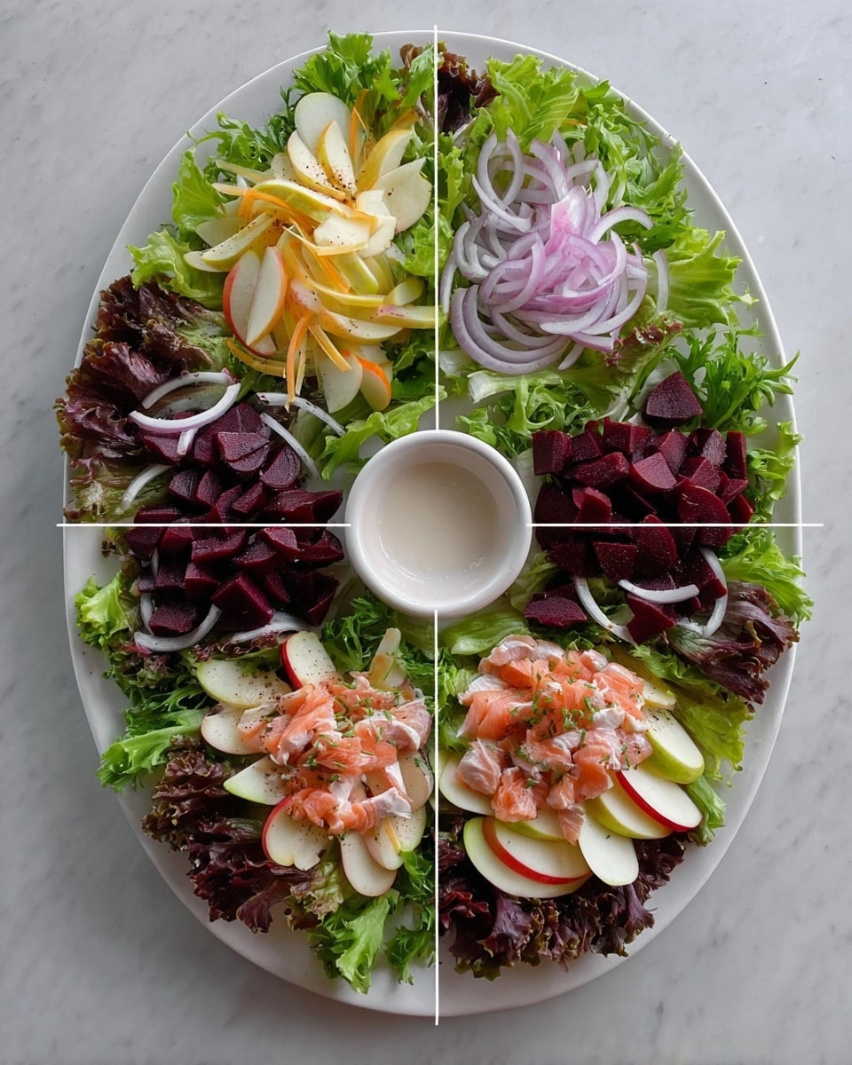 An oval white plate with six layers of ingredients arranged around a small white bowl in the center on a white marbled surface. The first layer is mixed green lettuce leaves covering the plate. The second layer adds thin rings of light purple onion spread evenly over the lettuce. The third layer includes light yellow strips laid atop the onion. The fourth layer features thinly sliced apple pieces placed evenly around the plate. The fifth layer adds dark red chunks of beetroot scattered over the apples and greens. The final sixth layer shows small pieces of pink salmon scattered on top of all the other ingredients, completing the salad. Photo taken with an iphone --ar 4:5 --v 7