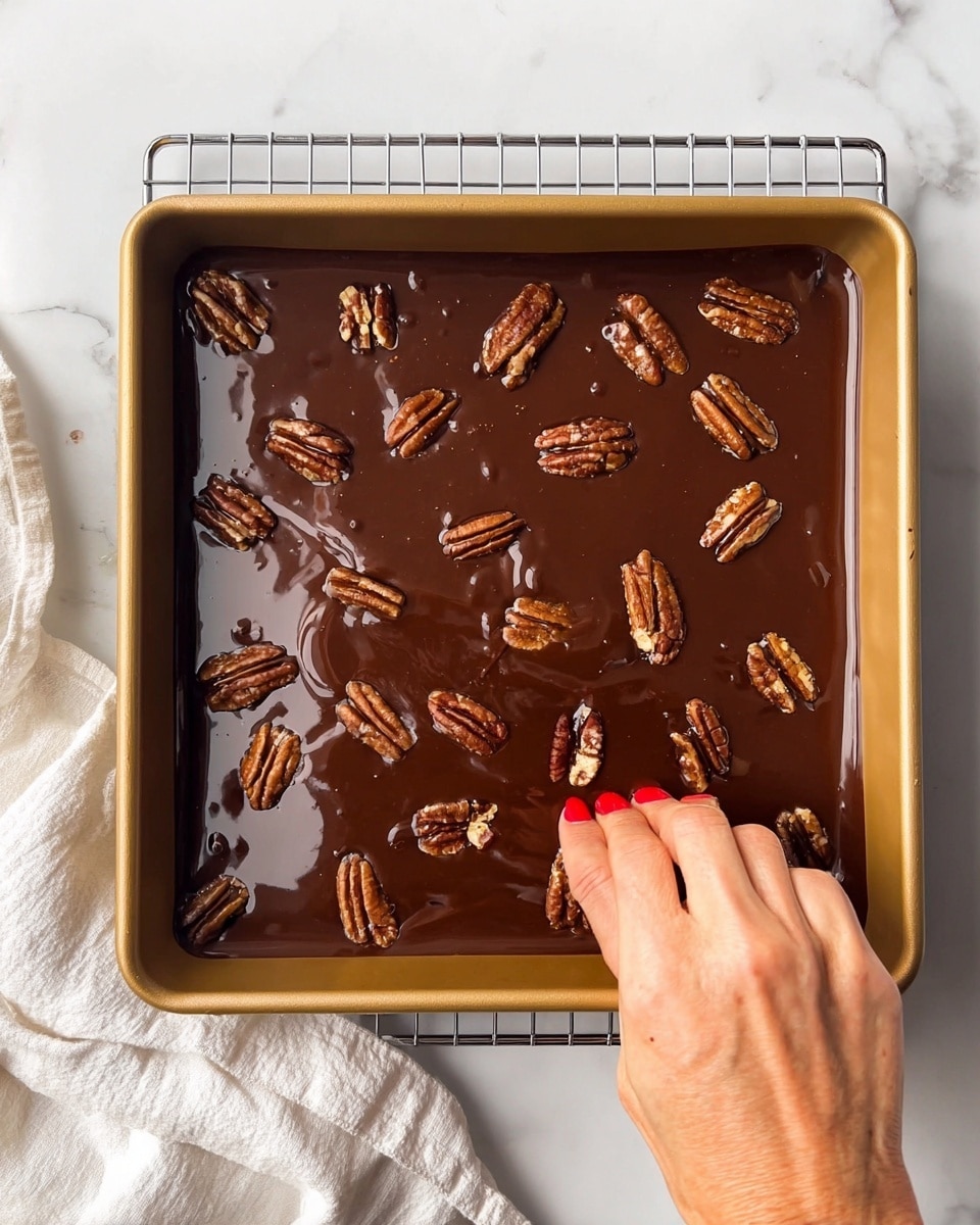 A shiny, smooth dark chocolate layer fills a square gold pan, topped with whole pecan nuts scattered evenly across the surface. A woman's hand with red nail polish is placing a pecan on the right side of the pan. The pan is resting on a metal cooling rack over a white marbled surface with a crumpled white cloth to the left. The chocolate has a thick, glossy texture with small ripples reflecting light. photo taken with an iphone --ar 4:5 --v 7
