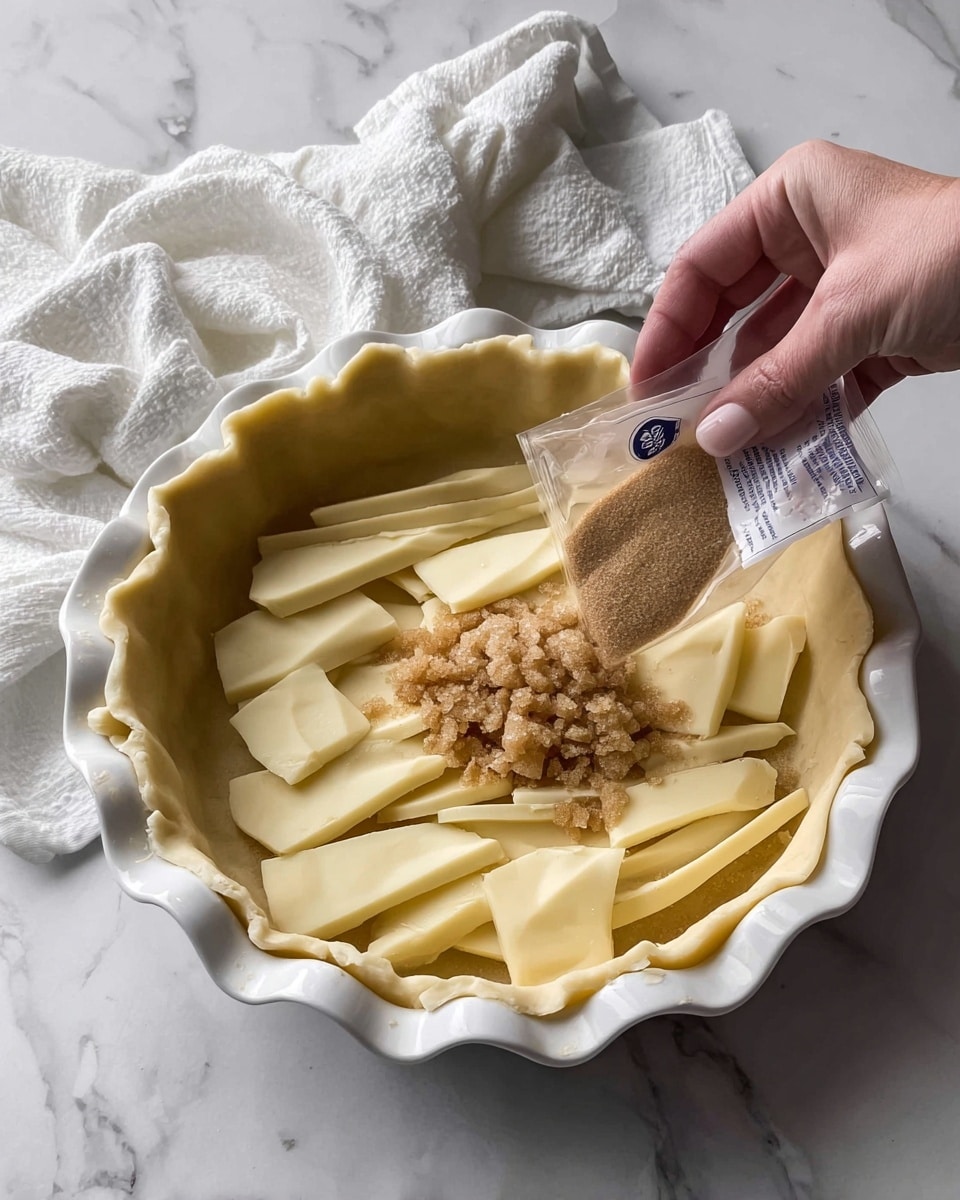 A round pie in a white wavy-edged pie dish sits on a white marbled surface, next to a soft white cloth. The pie has a crimped crust edge that is pale beige and smooth. Inside, the filling is a rough-textured dark brown layer. On top of this layer, there are small, light beige dough shapes placed closely together, including gingerbread men, snowmen, and round ornaments with star patterns. The shapes are evenly spaced and cover the whole surface of the pie. Photo taken with an iphone --ar 4:5 --v 7