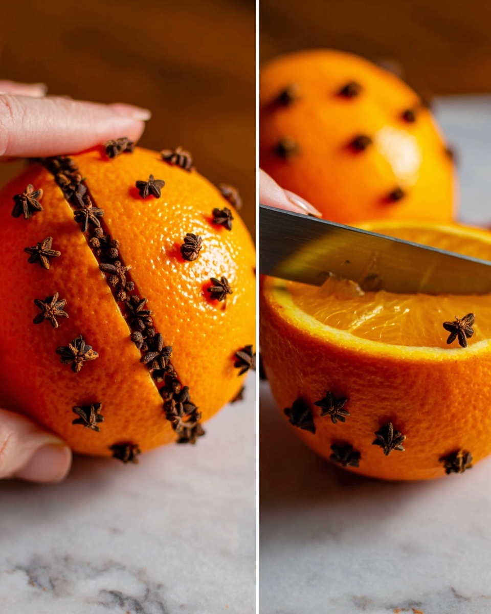 A clear short glass filled with a golden yellow liquid with a slightly cloudy texture, topped with a twisted orange peel spiral that has dark brown cloves stuck into it, floating on the surface. The glass is on a dark wood surface, with an orange studded with cloves blurred in the background. The entire scene has warm lighting highlighting the texture and rich colors of the drink and garnish, with a white marbled texture replacing the original surface. photo taken with an iphone --ar 4:5 --v 7