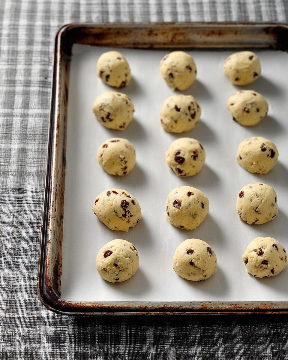 A metal baking tray with a worn look holds 15 small, round dough balls scattered openly on a sheet of white parchment paper; each dough ball is pale beige with dark specks of raisins or nuts showing on the surface, giving them a slightly textured look. The tray rests on a gray and white checkered cloth, and the overall scene has soft natural light from above, enhancing the texture of the dough balls and the clean parchment. photo taken with an iphone --ar 4:5 --v 7