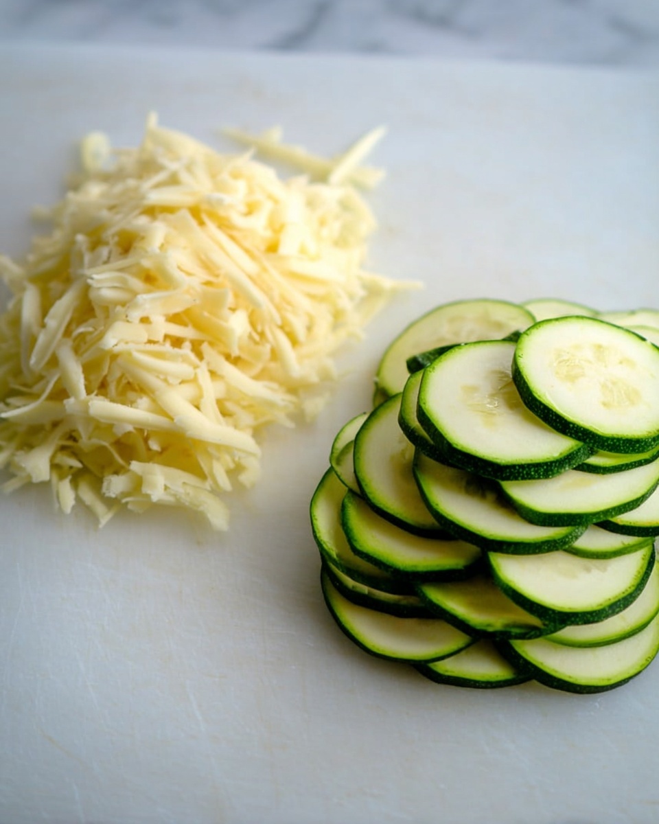 The image shows a white cutting board on a white marbled surface with two piles on it. On the left side, there is a small heap of shredded pale yellow cheese with thin, soft strands. On the right side, there is a neatly stacked pile of round, thin green slices of zucchini, showing the light green inner flesh and darker green skin edges. The background is softly blurred, keeping the focus on the food items. photo taken with an iphone --ar 4:5 --v 7