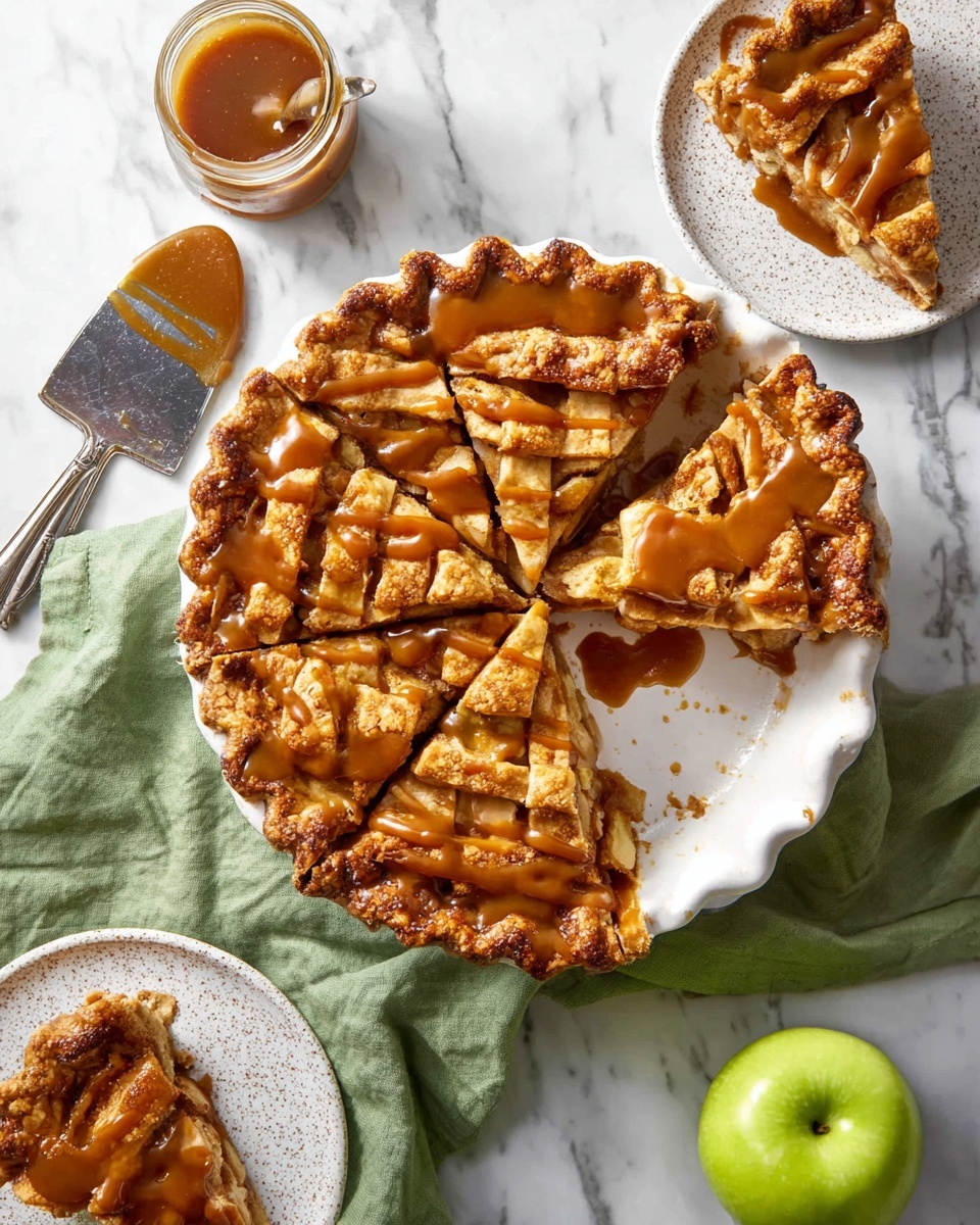 A round apple pie with a golden brown crust sits in the center, topped with a lattice crust showing the soft apple filling beneath, drizzled generously with a shiny caramel sauce. The pie is cut into six slices, with one slice slightly pulled away and placed on a small white speckled plate with a scalloped edge towards the top right. The pie rests on a white marbled surface surrounded by a green cloth napkin, a silver pie server, a silver spoon, an open jar of caramel sauce with a spoon inside, an empty matching white speckled plate at the bottom left, and part of a white speckled bowl holding a green apple on the right. photo taken with an iphone --ar 4:5 --v 7