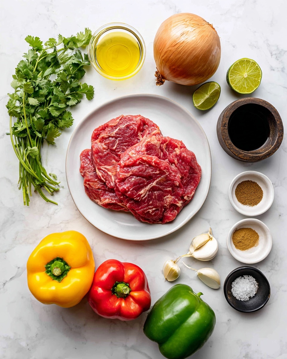 The image shows fresh ingredients arranged on a white marbled surface. At the center-left, a white plate holds two large thin slices of raw red meat with marbled texture. To the right of the plate, a small glass bowl filled with yellow olive oil sits next to three peeled garlic cloves and a small dark bowl of soy sauce. Above, a whole brown onion and a bunch of bright green cilantro leaves with stems rest loosely. Three whole bell peppers—yellow, green, and red—are positioned in the bottom right corner. Small wooden and black bowls containing light brown, black, white, and beige spices are scattered around the meat and vegetables, along with two lime halves placed near the upper middle of the image. The photo taken with an iphone --ar 4:5 --v 7