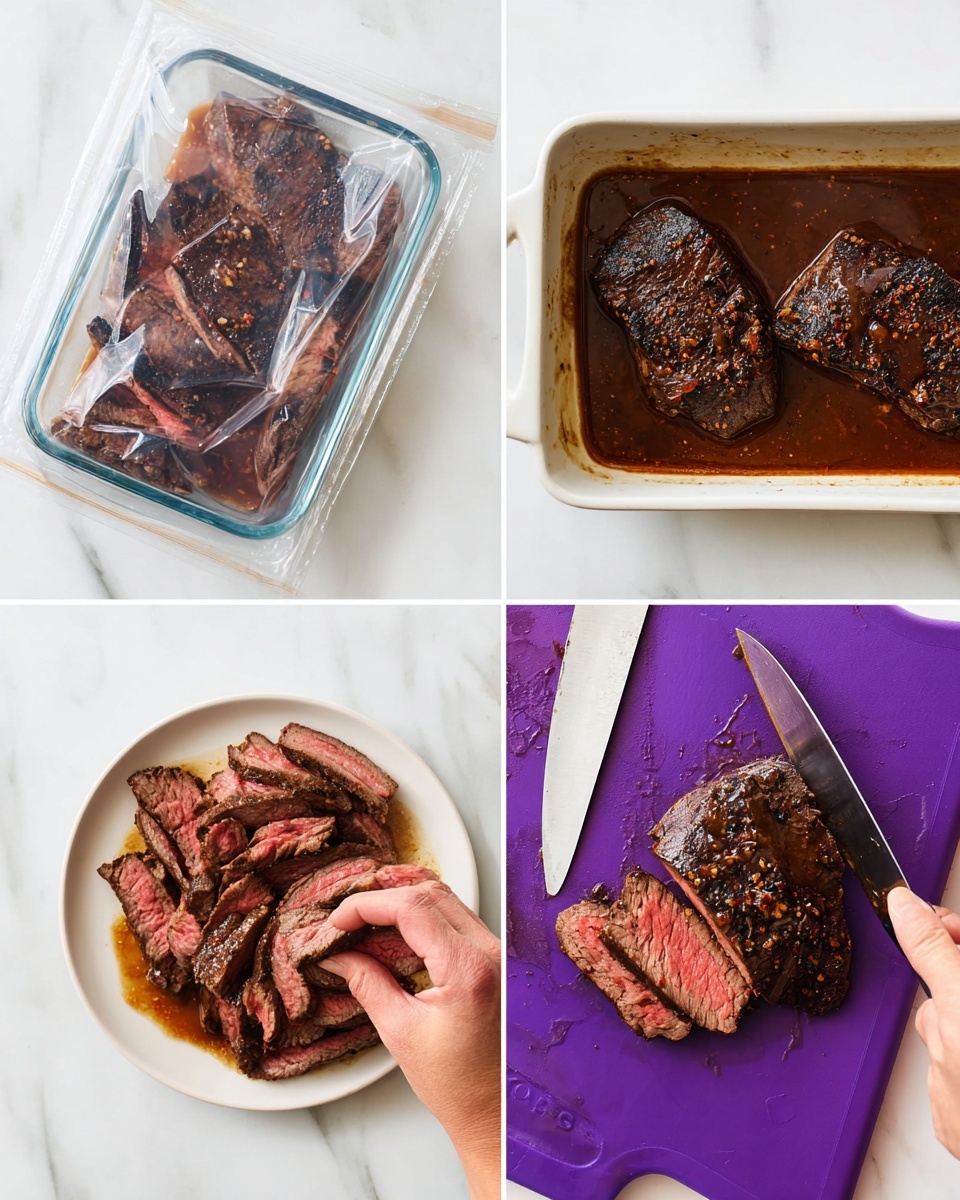 The first layer shows a clear plastic ziplock bag filled with dark brown marinated steak slices with visible spices, placed on a white marbled surface. The second layer features a white rectangular baking dish containing two dark brown grilled steak pieces sitting in a thick brown sauce, on the same white marbled surface. The third layer captures a close-up of woman's hand holding a steak piece and slicing it with a knife on a bright purple cutting board next to the same white baking dish partially visible with browned steak in sauce. The fourth layer shows a white round plate filled with sliced dark brown steak pieces with a pink inside, sitting in some sauce, all placed on the white marbled surface photo taken with an iphone --ar 4:5 --v 7